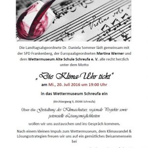 Einladung Veranstaltung Wein, Musik, Politik - die Klima-Uhr tickt 2016